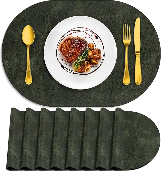 ADRIMER Placemats, Heat Resistant Oval Placemats Set of 8 Washable 12 x 17 Inch, Waterproof Table Mats, Wipeable Pu Place Mats for Kitchen, Dining Room, Olive Green by Adrimersdreamistobeanindispensablecompanioninyourlife
