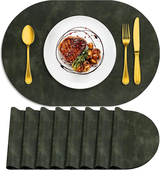 ADRIMER Placemats, Heat Resistant Oval Placemats Set of 8 Washable 12 x 17 Inch, Waterproof Table Mats, Wipeable Pu Place Mats for Kitchen, Dining Room, Olive Green by Adrimersdreamistobeanindispensablecompanioninyourlife