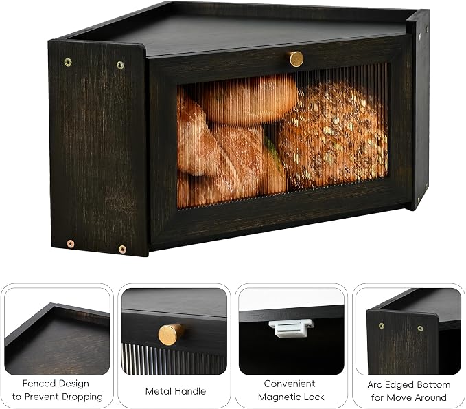 Bread Box for Kitchen Countertop with Acrylic Window Black | Farmhouse Bread Storage Container, Large Pantry Organizers for Homemade Snacks, Loaves, Breathable Keeps Bread Fresh - Image 5