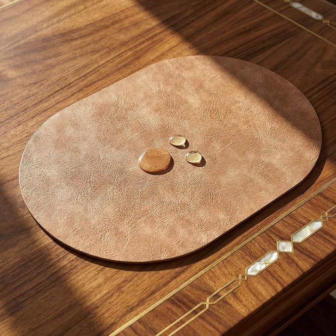 Oval Placemats 2mm Ultra Thick Faux Leather Table Mats, Heat Resistant Waterproof Wipeable Dining Mats for Kitchen Table, Set of 6, Soft Apricot - Image 5