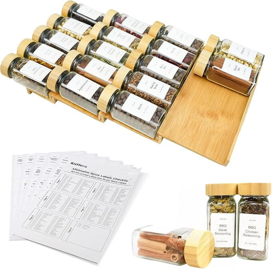 Spice Drawer Organizer with 20 Bamboo-lidded Spice Jars,216 Labels,25 Non-slip Rubber, Bamboo 4 Tier Seasoning Rack Tray Insert for Kitchen Drawers,Cabinets,Countertop,9" Wide x 15.8" Deep by KitHero