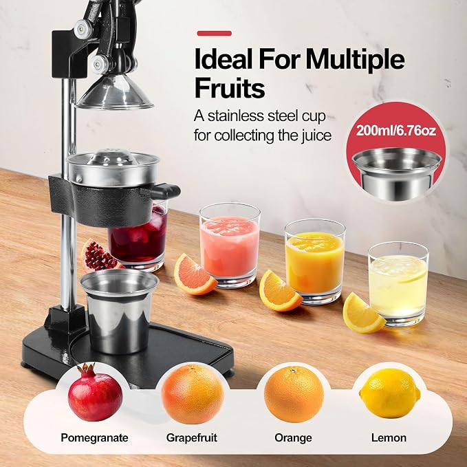 18 Inch Height Commercial Heavy Duty Cast Iron Hand Press Manual Orange Citrus Lemon Lime Grapefruit Pomegranate Fruit Juice Squeezer Machine with Stainless Steel Cup and Durable Base Black - Image 3