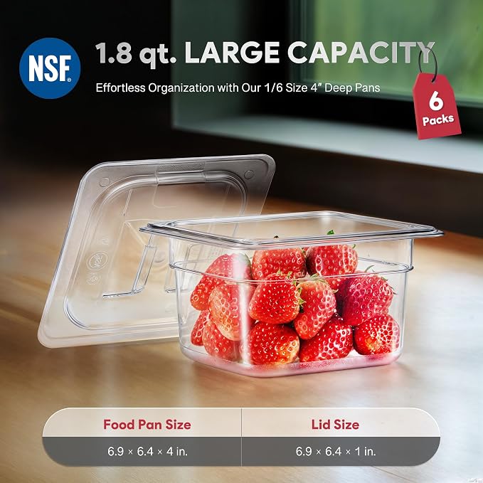 6 Pack Plastic Food Pans with Lids NSF Listed, 1/6 Size 4 in Deep Clear Food Storage Containers, 1.8 qt Stackable Polycarbonate Commercial Hotel for Fruits Vegetables Beans Corns - Image 3