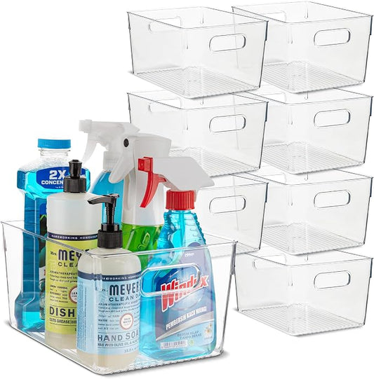 Plastic Food Storage 8 Pack Clear Container Bin with Handles for Organizing Kitchen, Pantry, Refrigerator, Freezer, Pantry, Cabinet, Closet, Bathroom. 10”x7.5”x5.3” by primebox