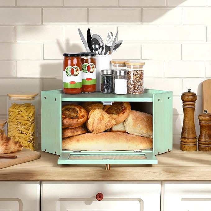 Bread Box for Kitchen Countertop with Acrylic Window Green | Farmhouse Bread Storage Container, Large Pantry Organizers for Homemade Snacks, Loaves, Breathable Keeps Bread Fresh - Image 4