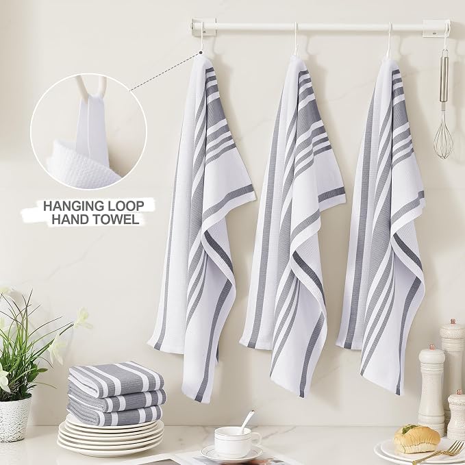 Homaxy Premium Cotton Stripe Kitchen Towels 3 Pack, 18"x 28", Grey | Large 380 GSM Kitchen Hand Towels, Soft Terry Dish Towels, Highly Absorbent Tea Towel Set with Hanging Loop - Image 3