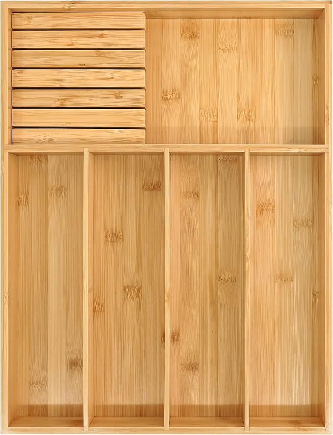 VaeFae Bamboo Silverware Drawer Organizer, 5 Slots, Natural | Wooden Cutlery Tray with Divider for Kitchen, Flatware Storage,43 cm D x 32 cm W, 5 Slots, Natural by VaeFaeDirect