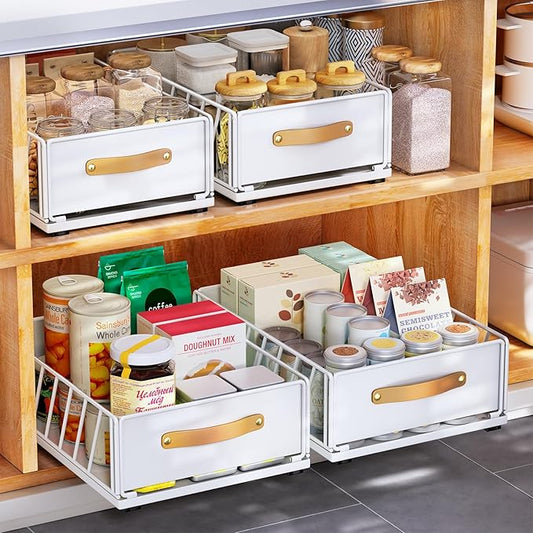 Pull out Cabinet Organizer,Heavy Duty Slide out Pantry Shelves Drawer Storage with Adhesive Nano Film,Sliding Mesh Cabinet Basket with Handle for Kitchen, Bathroom, Home, 11.8W" X 15.7"D X 6.2"H,White by Kitstorack