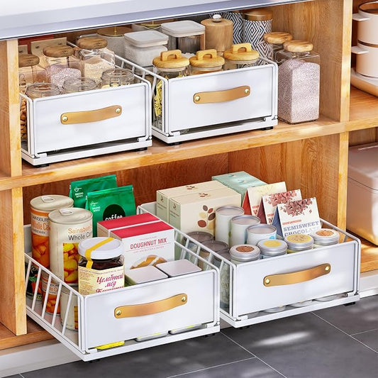 Pull out Cabinet Organizer,Heavy Duty Slide out Pantry Shelves Drawer Storage with Adhesive Nano Film,Sliding Mesh Cabinet Basket with Handle for Kitchen, Bathroom, Home, 9.8"W X 15.7"D X 6.2"H,White by Kitstorack