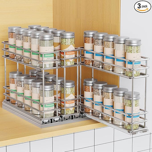 Mystozer Pull Out Spice Rack Organizer for Cabinet, Slide Out Spice Racks, Easy to Install Spice Cabinet Organizers, 7.4" Wx10.43 Dx8.26 H, 3 Drawers 2 Tiers(Silver) by Mystozer