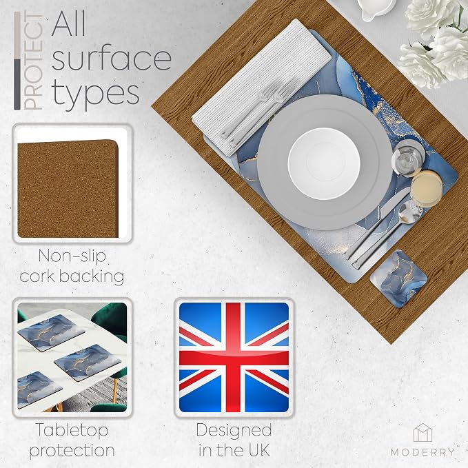 Set of 4 Heat Resistant Cork Placemats for Dining Table with Free Set of 4 Matching Drink Coasters Marble Design 16 x 12 Inches Cork Backed Hard Placemats (Blue & Gold) - Image 5