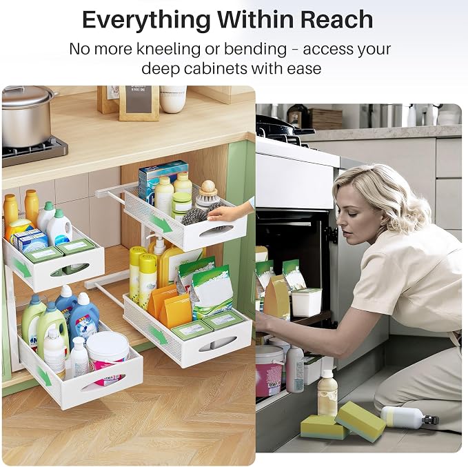 Under Sink Organizer, 2 Tier Pull out Cabinet Organizer Baskets with Mesh Sliding Drawers, Slide out Storage Shelf for Home, Kitchen, Bathroom, Pantry, Office Cabinet(1 Pack, White) - Image 7