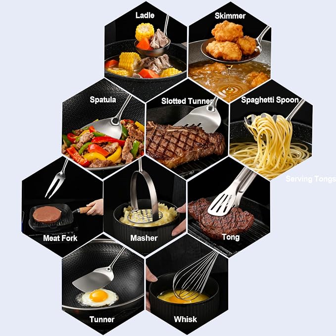 Kitchen Utensils Set Stainless Steel with Wooden Handle,Metal Cooking Utensils Set 12 PCS,Spatulas,Ladle,Skimmer,Tunners,Spaghetti Spoon,Fork,Potato Masher,Egg Whisk,Tongs - Image 2