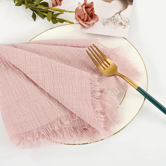 36 Pack Pink Cloth Napkins, 16 x 16 Inch Cotton with Fringe Settings | Handmade washable reusable cotton dinner napkins in bulk for weddings, parties, rustic boho table settings - Image 8