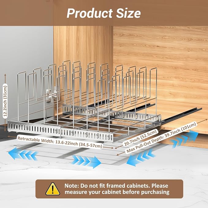 Housolution Pull Out Baking Tray and Cookie Sheet Cutting Board Organizer | 13"-22" Expandable, 21.5" Deep, 8 Adjustable Dividers, Slide Rail Design, Stainless Steel Structure, Adhesive/Screw Fixing - Image 8