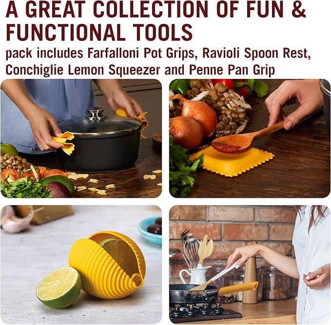 Monkey Business Silicone Kitchen Tools in Gift Box/ 4 Big Pasta shaped kitchen gadgets/Farfalloni Pot Grips, Ravioli Spoon Rest, Conchiglie Lemon Squeezer and Penne Pan Grip/Pasta Grande No. 4 - Image 3