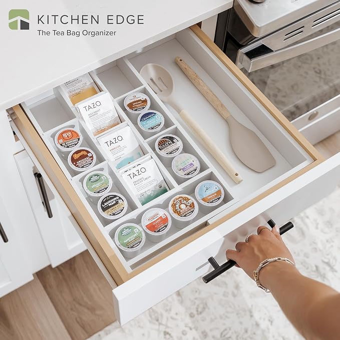 Tea Bag & Coffee Pod Organizer, 9.7-17 in, White Bamboo | 10 storage compartments, adjustable wall inserts, non-slip feet, food-safe - Image 2