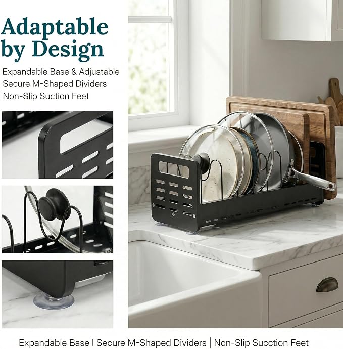 Pots and Pans Organizer Under Cabinet, Expandable Pot Lid Organizer | Adjustable Heavy Duty Rack with Removable Drip Tray, Expands 15.4"–24.8", Ideal for Kitchen Cabinets and Countertops. - Image 3