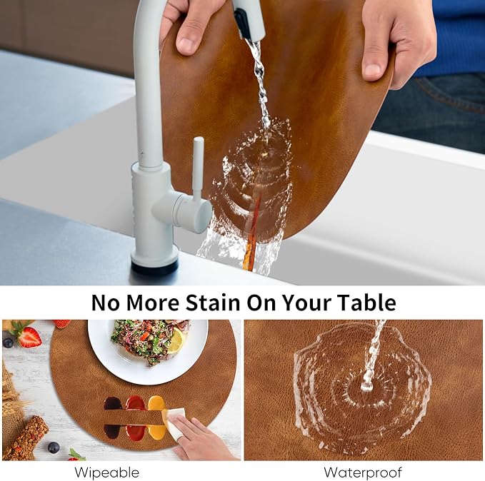 ADRIMER Placemats, Heat Resistant Round Placemats Set of 12 Washable, Waterproof Table Mats, Wipeable Faux Leather Place Mats for Kitchen, Dining Room, Turmeric Brown - Image 5