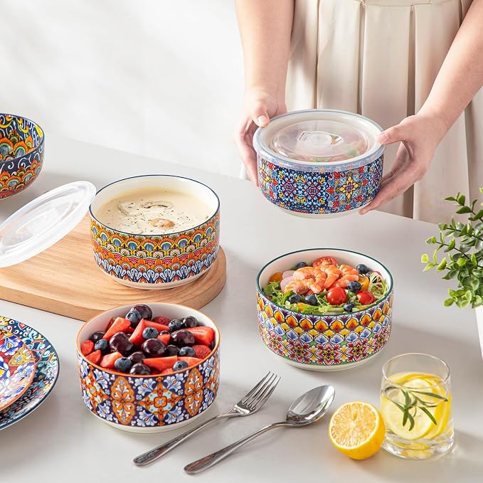 vancasso SIMI 36 oz Ceramic Bowls with Lids Set of 4,Bohemian Serving Bowl | 6 Inch Food Storage Containers Prep Bowls for Leftovers, Soup, Cereal, Meal Prep, Office Lunch, Microwave & Dishwasher Safe - Image 5