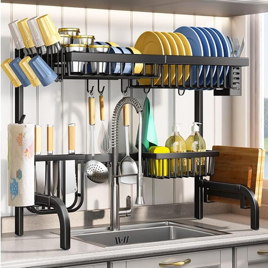 Over The Sink Dish Drying Rack, Adjustable 25.5-33.5 in, 2-Tier, Black | All-in-One Large Capacity, Snap-On Design for Flexible Use, Strong Metal Frame, Non-Slip Feet, Fits Sinks Up to 33" W by SAYZH