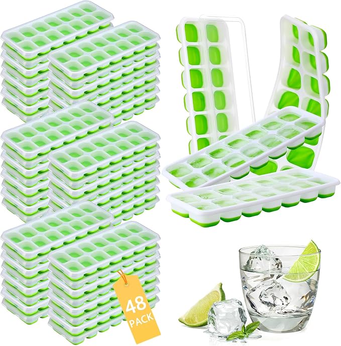 Rtteri 48 Pack Ice Cube Trays Silicone Ice Tray for Freezer Flexible 14 Cube Molds Easy Release Stackable Trays with Lid for Drinks Cocktail Coffee Baby Food (Green) by Rtteri