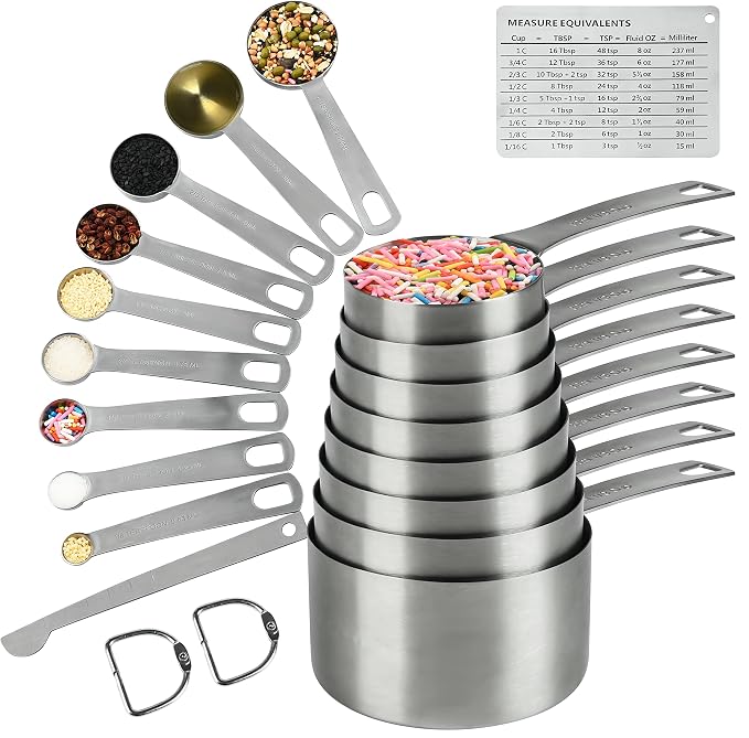 Measuring Cups and Spoons Set, 18/8 Metric & US Stainless Steel 8 Measuring Cups & 9 Spoons with 1 Leveler & 1 Measurement Conversion Chart for Baking & Kitchen by Hotsyang