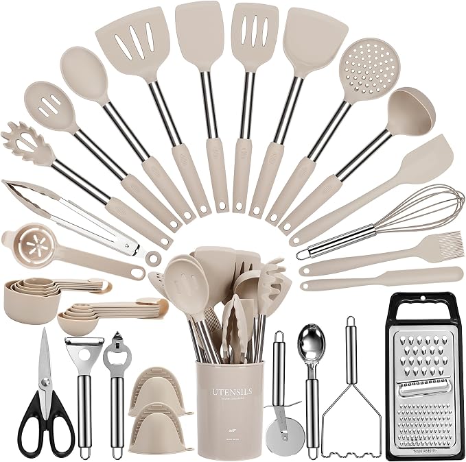 Fyvva 35 Pcs BPA Free Silicone Kitchen Utensils Set Stainless Steel Handles | Food Grade Silicone, Heat Resistant, Safe for Nonstick Cookware, Dishwasher Safe, Khaki with Holder, for Cooking & Baking by Fyvva