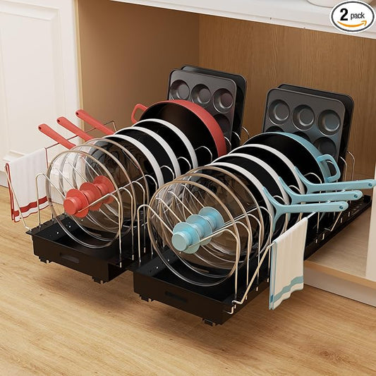 Pots and Pans Organizer Under Cabinet, 22" Deep Expandable, 2 Pack | Pot Organizers inside Cabinet with 10 Adjustable Dividers & Handrail, No Drill Pot Lid Holder, Sliding Pot Lid Holder by Golener
