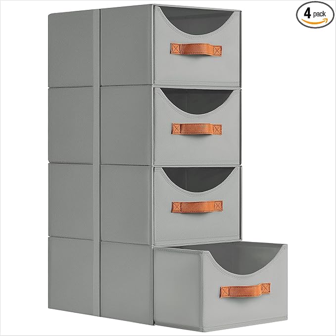 Stackable Storage Drawers - Collapsible Storage Bins with Drawers, 4 Pack Closet Shelf Organizer Basket, Fabric Pull Out Organizer for Bedroom, Living Room, Dorm, Grey by Homsorout