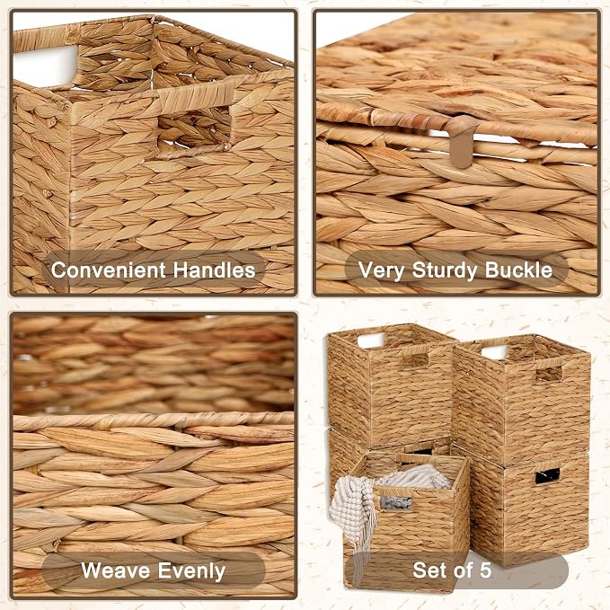 11x11in Wicker Storage Baskets Set of 5 Collapsible Water Hyacinth Basket | for Organizing,Handwoven Woven Bins for Bedroom,Living Room,Shelves - Natural - Image 4