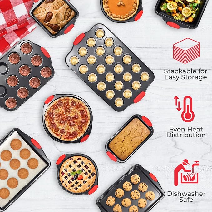 Non-Stick 10-Piece Baking Pan Set, BPA-Free Carbon Steel Bakeware Set with Silicone Handles, Stackable Kitchen Oven Set, Cookie Sheet, Baking Tray, Baking Sheet Set, Oven Safe (446°F) - Image 4