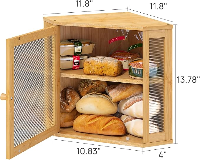 viewcare Corner Bread Box for Kitchen Counter, Bamboo Wood Large Capacity Bread Storage Bin with Acrylic Wavy Door Panel (Natural, Meduim) - Image 5