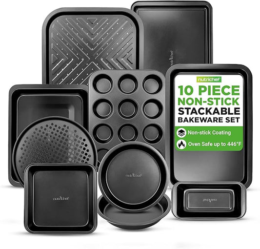 NutriChef 10-Piece Non-Stick Baking Set – Heavy-Duty Carbon Steel Bakeware Set w/ Cookie Sheets, Muffin Pan, Roasting Pan, Cake Pan, Baking Tray, Pizza Pan – Effortless Food Release & Easy Cleanup by NutriChef%E2%84%A2Kitchen