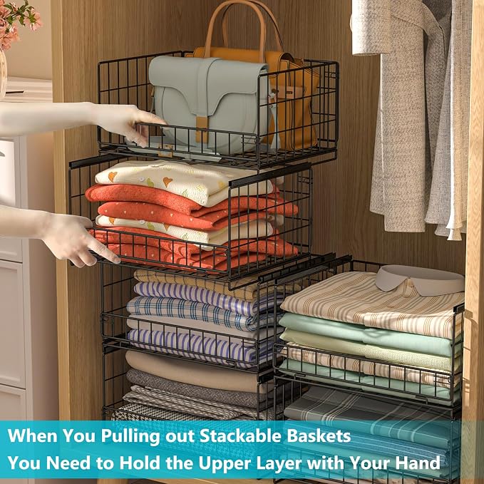 Hongtamoya 4-Tier Sliding Closet Organizers and Storage Shelves, Stackable Closet Shelf Organizer Basket Bins, Drawer Shelf Storage Container for Wardrobe Cupboard Kitchen Bathroom Office, Black - Image 6