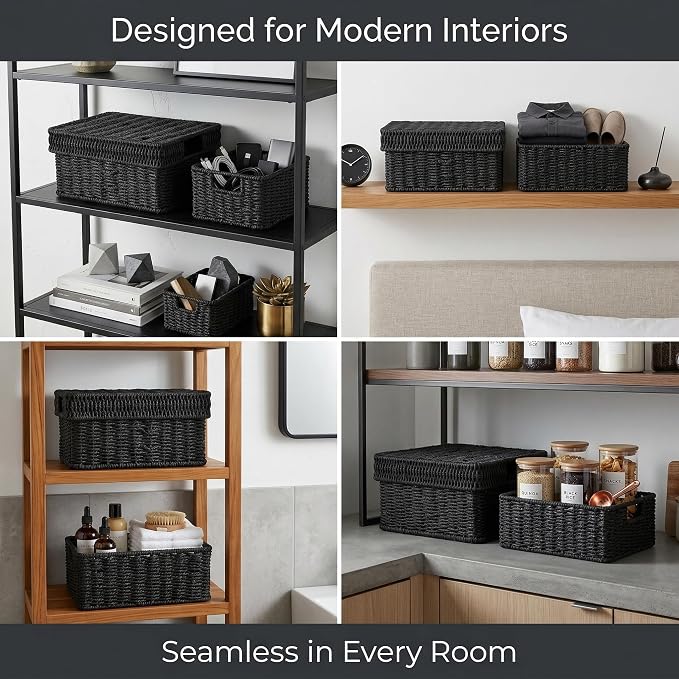 Wicker Storage Basket with Lid for Shelves, 3-Basket Set, Black | One rectangular wicker basket with lid and two open baskets for decorative shelf storage; removable lid flips into a tray. - Image 2