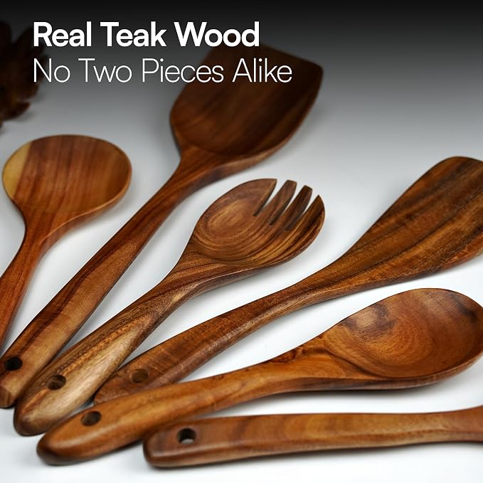 Premium Teak Wooden Utensil Set, 7-Piece Handcrafted Cooking Spoons & Spatulas – Nonstick Safe, Durable, Heat-Resistant Wooden Utensils for Everyday Cooking - Image 2