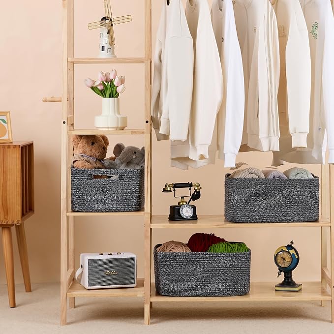 MiniArk Large Storage Baskets for Shelves, 17 x 13 x 7.5” Closet Organizers Bins for Clothes Blanket Towels, Baby Nursery, Toy Baskets Box, Woven Rope Baskets, 3 Packs Dark Gray - Image 3