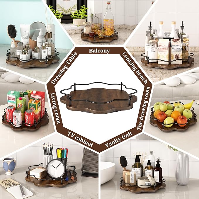 12" Lazy Susan Turntable Organizer,Round Wooden Lazy Susan Organization and Rotating Spice Rack for Dining Table,Pantry,Kitchen Countertop,Vanity,Cupboard and More.Vintage Wood(Petal Shape) - Image 4