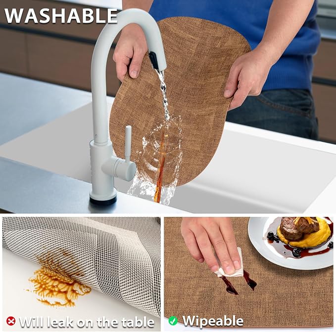 Placemats Set of 6 - Washable Heat Resistant Table Placemats - Wipeable Faux Leather Oval Place Mats, Waterproof Table Mats for Dining Table, Brown - Image 5
