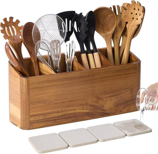 Wooden Utensil Holder for Kitchen Counter, Acacia Wood Kitchen Utensil Holder for Countertop with 4 Compartment, Cooking Utensil Organizer, Silverware Caddy (Acacia Wood, 4Compartment) by LOHONER
