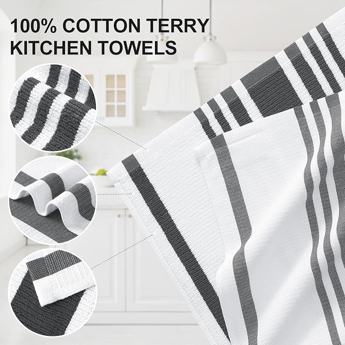 Homaxy Premium Cotton Stripe Kitchen Towels 6 Pack, 18"x 28", Black | Large 380 GSM Kitchen Hand Towels, Soft Terry Dish Towels, Highly Absorbent Tea Towel Set with Hanging Loop - Image 2