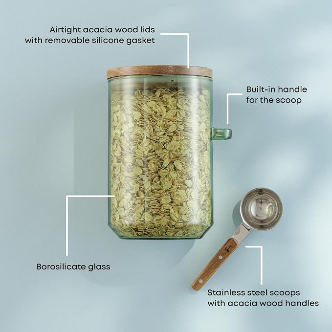 JoyJolt Holden 32oz Stackable Glass Storage Containers with Lids and Scoops, Airtight Food Canister Set of 3 w/Acacia Wood Lids, Round Stacking Pantry and Kitchen Containers w/Scoop | Sage Green - Image 4