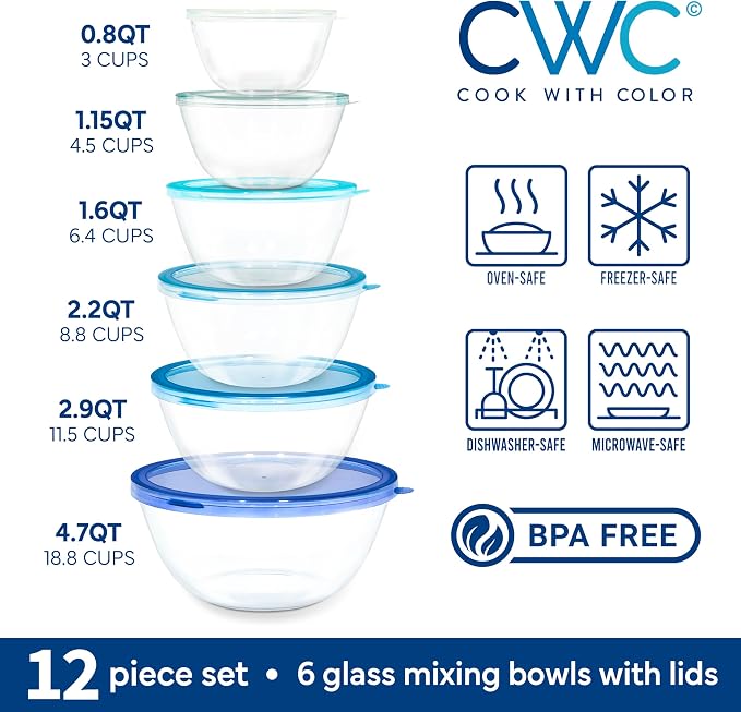 COOK WITH COLOR 12 Pc Glass Mixing Bowl Set with Lids – Borosilicate Glass Nesting Bowls for Cooking, Baking and Meal Prep, Blue - Image 2