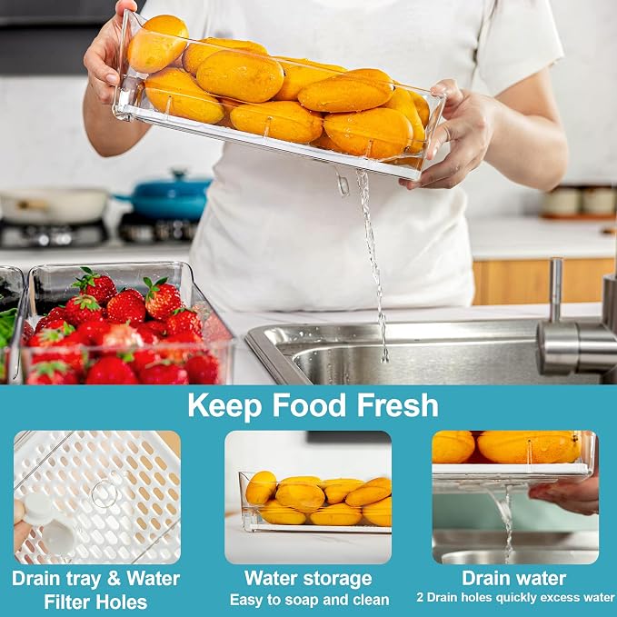 4-Pack Stackable Fruit Storage Containers for Fridge | Pull-Out Drawer Organizer Bins, With Lids & Drain Tray, Keep Fresh, Removable Refrigerator Container for Berry, Veggie, Drink - Image 4