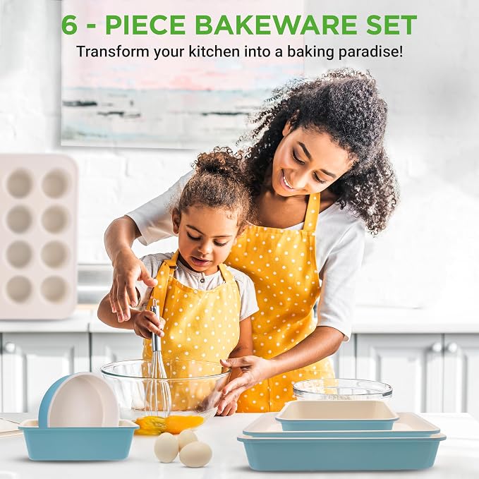NutriChef 6-Piece Baking Pan Set, Carbon Steel Bakeware with Premium Ceramic Nonstick Coating, Includes 12-Cup Muffin Pan, Cake & Loaf Pan, Wide Bake Pan, & Cookie Sheet - Turquoise - Image 2