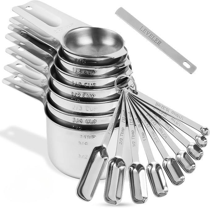Measuring Cups and Spoons Set, 18/8 Stainless Steel Measuring Cups and Spoons set 17, Metal 7 Metric Measure Cups and 9 Dry Measure Spoons with 1 Leveler for Kitchen & Baking by Kalsreui