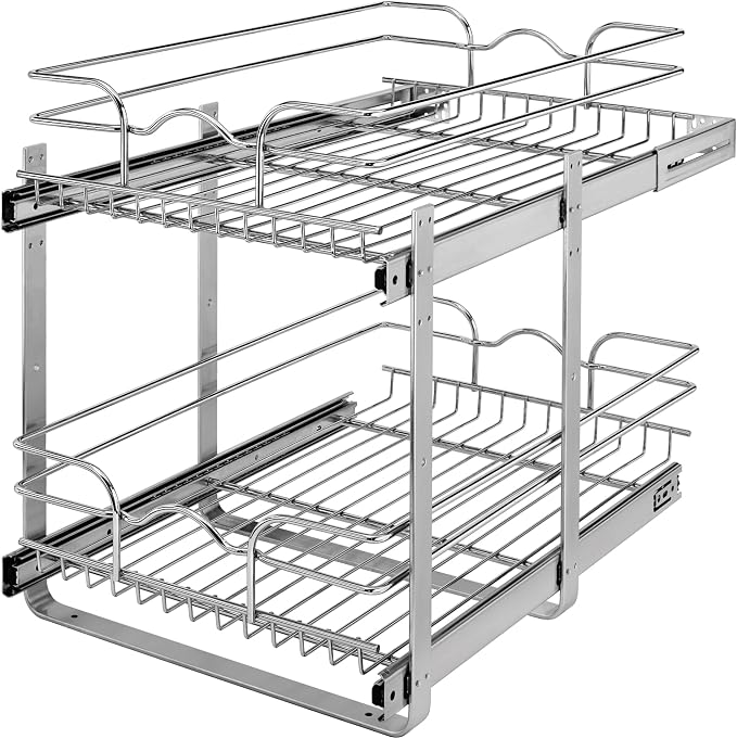 Rev-A-Shelf Pullout Organizer for Cabinets, Min Opening Width of 15" | Two-Tier Steel Shelf for Kitchen or Vanity Cabinet Organization, Heavy Gauge Wire Slide Out Storage Basket, 5WB2-1522CR-1 by Rev-A-Shelf