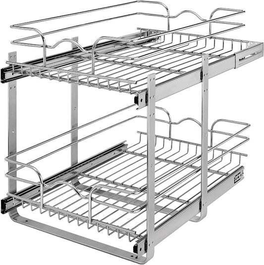Rev-A-Shelf Pullout Organizer for Cabinets, Min Opening Width of 15" | Two-Tier Steel Shelf for Kitchen or Vanity Cabinet Organization, Heavy Gauge Wire Slide Out Storage Basket, 5WB2-1522CR-1 by Rev-A-Shelf