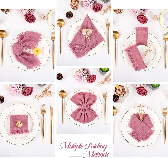 36 Pack Dusty Rose Cloth Napkins, 16 x 16 Inch Cotton with Fringe Settings | Handmade washable reusable cotton dinner napkins in bulk for weddings, parties, rustic boho table settings - Image 3